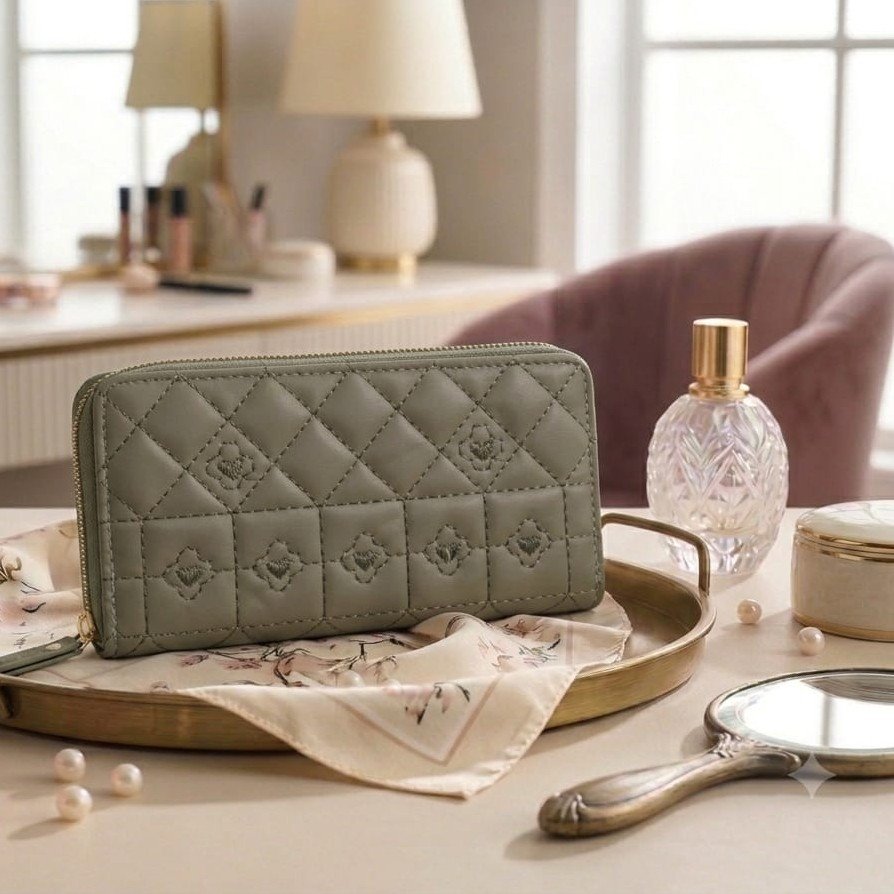 Luxury Sage Green Quilted Zip Around Wallet for Women - PU Leather Long Wallet with Multiple Card Slots